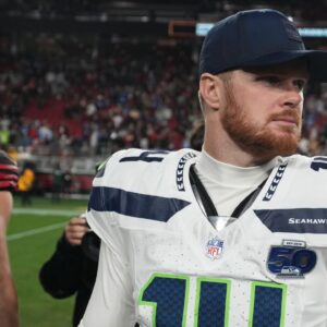 Seattle Seahawks quarterback Sam Darnold (14) reacts after the game at Levi's Stadium.