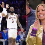 (L) Russell Westbrook and LeBron James (R) Jeanie Buss