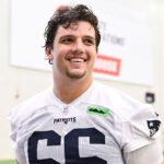 New England Patriots offensive tackle Will Campbell (66) speaks to the media after minicamp held in the WIN Field House at Gillette Stadium.