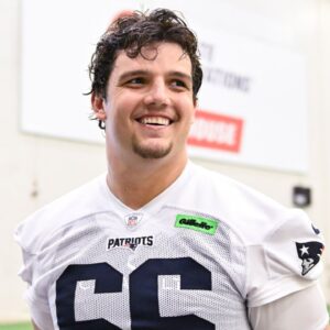 New England Patriots offensive tackle Will Campbell (66) speaks to the media after minicamp held in the WIN Field House at Gillette Stadium.
