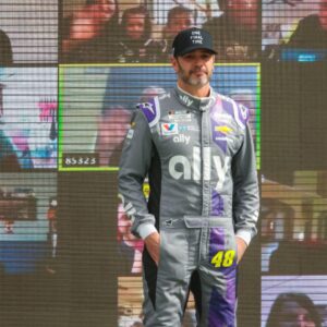 Nov 8, 2020; Avondale, Arizona, USA; NASCAR driver Jimmie Johnson (48) is honored prior to the final start of his career in the NASCAR Cup Series Championship at Phoenix Raceway.