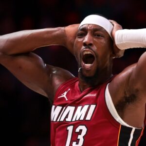 Miami Heat center Bam Adebayo (13) reacts after scoring against the Phoenix Suns during the fourth quarter at Kaseya Center