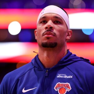 Jan 24, 2026; Philadelphia, Pennsylvania, USA; New York Knicks guard Josh Hart stands for the anthem before action against the Philadelphia 76ers at Xfinity Mobile Arena.