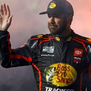 Feb 13, 2025; Daytona Beach, Florida, USA; NASCAR Cup Series driver Martin Truex Jr. (56) during driver introductions for the Duels at Daytona International Speedway