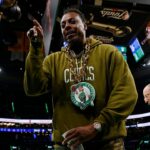 Boston Celtics former player Paul Pierce looks into a video camera on the court before game two of the 2024 NBA Finals between the Boston Celtics and the Dallas Mavericks at TD Garden.