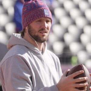 Bills quarterback Josh Allen gets out hours earlier on Empower FIeld at Mile High in Denver, Colorado to warm up before the game on Jan. 17, 2026.
