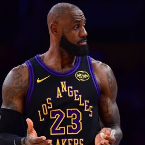 Los Angeles Lakers forward LeBron James (23) reacts during the second half at Crypto.com Arena.