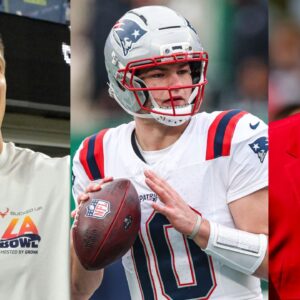Rob Gronkowski, Drake Maye, and Julian Edelman (left to right)
