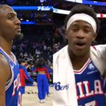 Jan 19, 2026; Philadelphia, Pennsylvania, USA; Philadelphia 76ers guard Tyrese Maxey (0) on the court after win against the Indiana Pacers at Xfinity Mobile Arena.