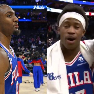 Jan 19, 2026; Philadelphia, Pennsylvania, USA; Philadelphia 76ers guard Tyrese Maxey (0) on the court after win against the Indiana Pacers at Xfinity Mobile Arena.
