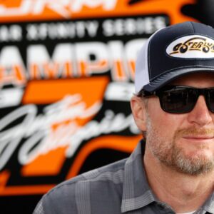 DAYTONA BEACH, FL - FEBRUARY 14: Dale Earnhardt Jr. watches the action from the garage prior to practice for the NASCAR, Motorsport, USA Xfinity Series United Rentals 300 on February 14, 2025