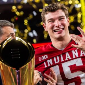 Indiana's Fernando Mendoza (15) smiles as he celebrates after the College Football Playoff National Championship college football game at Hard Rock Stadium in Miami Gardens on Monday, Jan. 19, 2026.