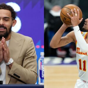 Trae Young in a press conference for Washington Wizards (L) | Trae Young, 2021 (R)