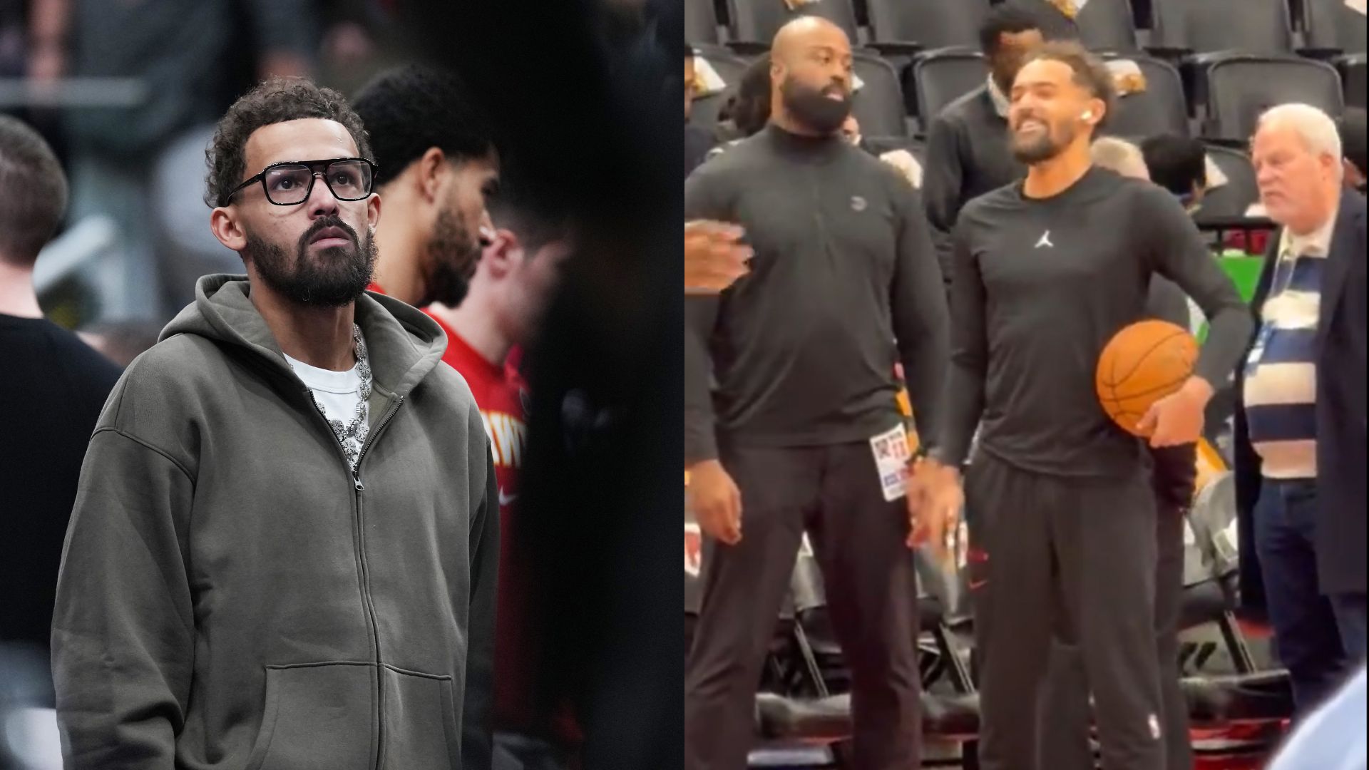 Trae Young (L) and Trae Young laughing ahead of Hawks vs. Raptors