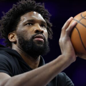 Jan 22, 2026; Philadelphia, Pennsylvania, USA; Philadelphia 76ers center Joel Embiid before action against the Houston Rockets at Xfinity Mobile Arena.