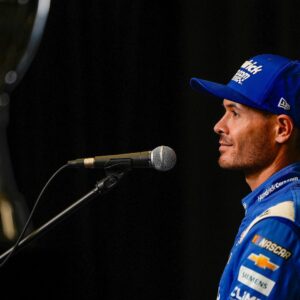 Aug 27, 2025; Charlotte, NC, USA; Kyle Larson answers questions from the media during NASCAR Cup Series Playoff Media Day at Charlotte Convention Center.