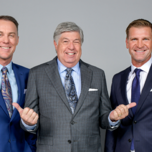 FOX NASCAR broadcast booth announcers (L-R) Kevin Harvick, Mike Joy and Clint Bowyer.