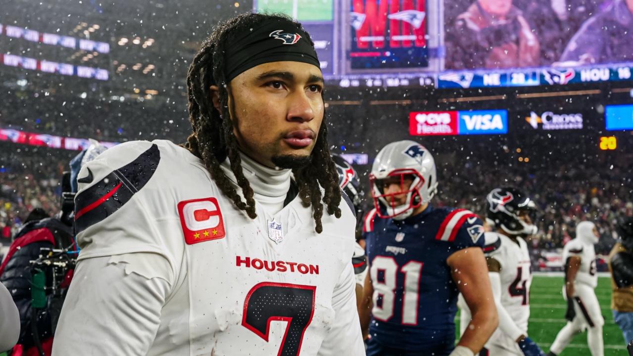 Houston Texans quarterback C.J. Stroud (7) after the game against the New England Patriots in an AFC Divisional Round game at Gillette Stadium.