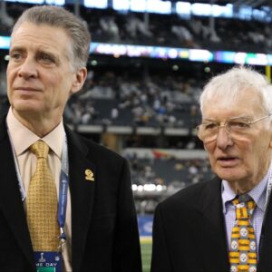 Pittsburgh Steelers chairman Dan Rooney (right) stands with founding owner Art Rooney before Super Bowl XLV against the Green Bay Packers at Cowboys Stadium.