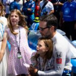 May 29, 2022; Indianapolis, Indiana, USA; IndyCar Series driver Jimmie Johnson with wife Chandra Johnson and their daughters prior to the running of the 106th Indianapolis 500 at Indianapolis Motor Speedway