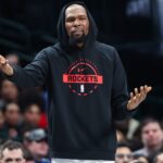 Jan 3, 2026; Dallas, Texas, USA; Houston Rockets forward Kevin Durant (7) reacts on the bench during the second half against the Dallas Mavericks at American Airlines Center.