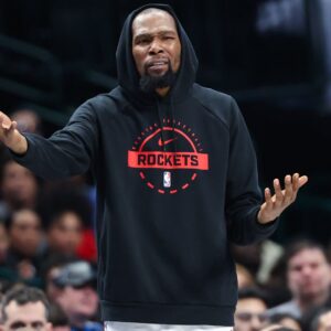 Jan 3, 2026; Dallas, Texas, USA; Houston Rockets forward Kevin Durant (7) reacts on the bench during the second half against the Dallas Mavericks at American Airlines Center.