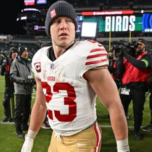 San Francisco 49ers running back Christian McCaffrey (23) on the field after win against the Philadelphia Eagles in an NFC Wild Card Round game at Lincoln Financial Field.