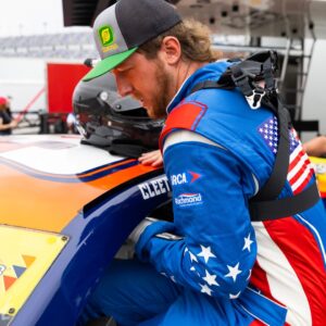 Feb 14, 2025; Daytona Beach, Florida, USA; ARCA Series driver Garrett Mitchell aka Cleetus McFarland during practice for the Ride the 'Dente 200 at Daytona International Speedway.
