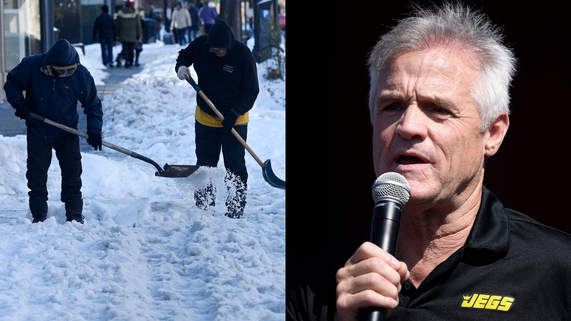 Snowstorm in North Carolina (L) and Kenny Wallace (R)