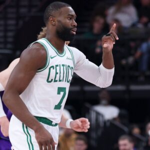 Dec 30, 2025; Salt Lake City, Utah, USA; Boston Celtics guard Jaylen Brown (7) reacts after a play against the Utah Jazz during the second half at Delta Center.