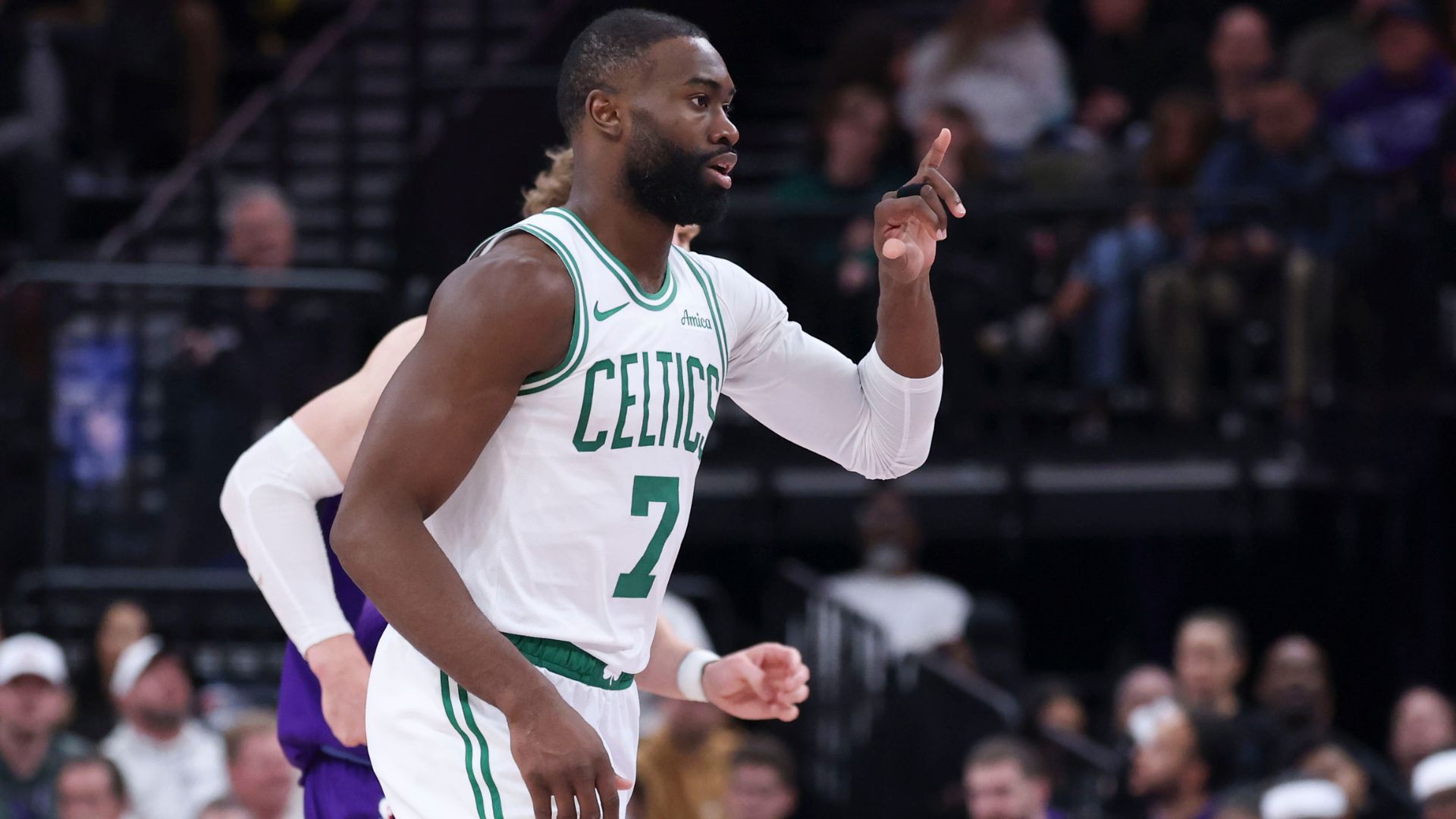 Dec 30, 2025; Salt Lake City, Utah, USA; Boston Celtics guard Jaylen Brown (7) reacts after a play against the Utah Jazz during the second half at Delta Center.