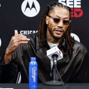 Jan 24, 2026; Chicago, Illinois, USA; Former Chicago Bulls player Derrick Rose speaks during a press conference before an NBA game between the Chicago Bulls and Boston Celtics at United Center