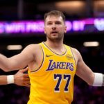 Los Angeles Lakers guard Luka Doncic (77) looks towards an official after scoring a basket against the Sacramento Kings in the second quarter at the Golden 1 Center.