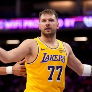 Los Angeles Lakers guard Luka Doncic (77) looks towards an official after scoring a basket against the Sacramento Kings in the second quarter at the Golden 1 Center.