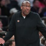 Jan 2, 2026; New York, New York, USA; New York Knicks head coach Mike Brown reacts to a call in the second quarter against the Atlanta Hawks at Madison Square Garden
