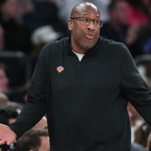Jan 2, 2026; New York, New York, USA; New York Knicks head coach Mike Brown reacts to a call in the second quarter against the Atlanta Hawks at Madison Square Garden