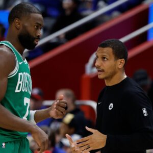 Oct 26, 2025; Detroit, Michigan, USA; Boston Celtics head coach Joe Mazzulla talks to guard Jaylen Brown (7) in the second half against the Detroit Pistons at Little Caesars Arena
