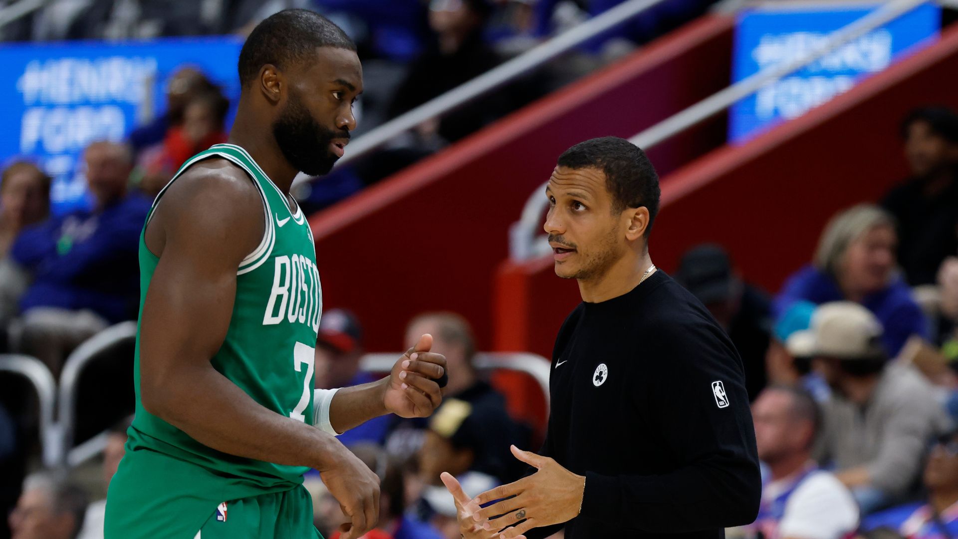 Oct 26, 2025; Detroit, Michigan, USA; Boston Celtics head coach Joe Mazzulla talks to guard Jaylen Brown (7) in the second half against the Detroit Pistons at Little Caesars Arena