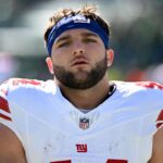 New York Giants running back Cam Skattebo (44) looks on before the game against the Philadelphia Eagles at Lincoln Financial Field.