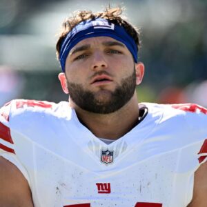 New York Giants running back Cam Skattebo (44) looks on before the game against the Philadelphia Eagles at Lincoln Financial Field.