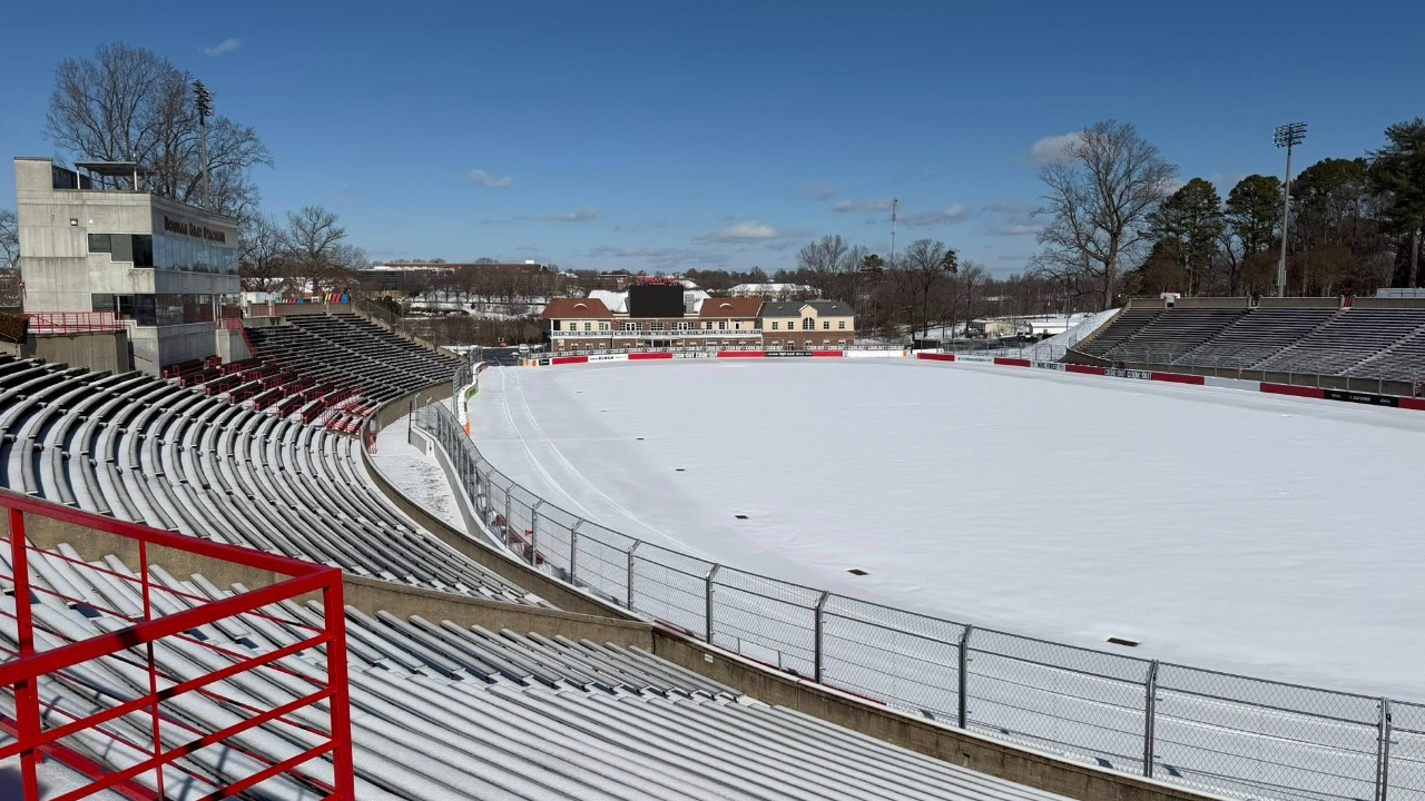 A snow covered Bowman gray Stadium