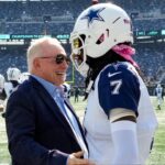 Dallas Cowboys Owner, President and general manager Jerry Jones with cornerback Trevon Diggs (7) on the field prior to a game against the New York Jets at MetLife Stadium.