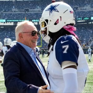 Dallas Cowboys Owner, President and general manager Jerry Jones with cornerback Trevon Diggs (7) on the field prior to a game against the New York Jets at MetLife Stadium.