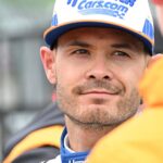 Arrow McLaren driver Kyle Larson (17) is seen talking in the garage area after a crash on Lap 91 on Sunday, May 25, 2025, during the 109th running of the Indianapolis 500 at Indianapolis Motor Speedway.