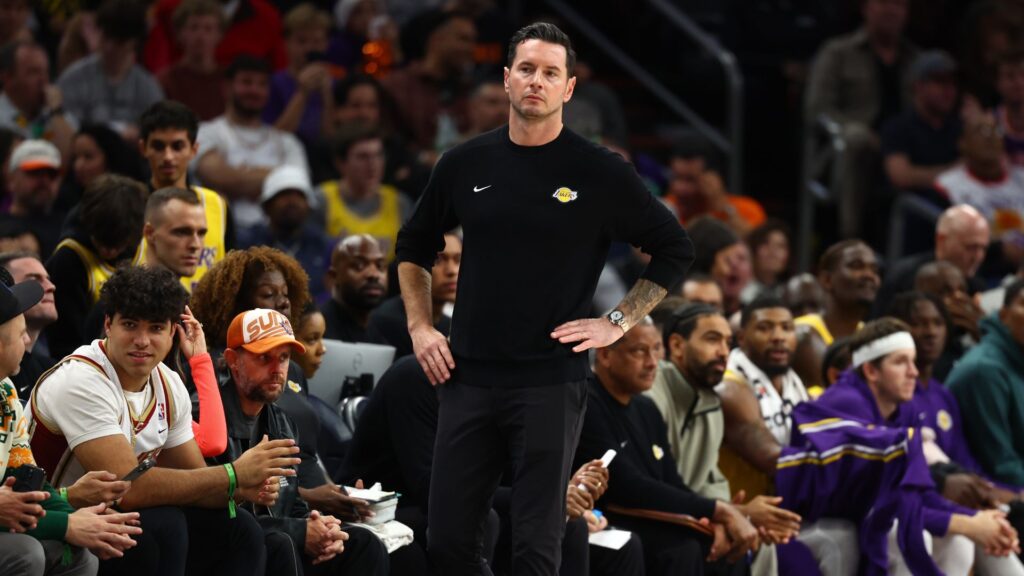 Dec 23, 2025; Phoenix, Arizona, USA; Los Angeles Lakers head coach JJ Redick against the Phoenix Suns at Mortgage Matchup Center