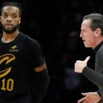 Jan 8, 2026; Minneapolis, Minnesota, USA; Cleveland Cavaliers head coach Kenny Atkinson directs guard Darius Garland (10) and the team as they play the Minnesota Timberwolves in the fourth quarter at Target Center.