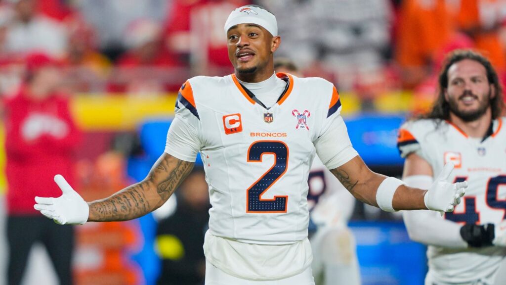 Denver Broncos cornerback Pat Surtain II (2) warms up prior to a game against the Kansas City Chiefs at GEHA Field at Arrowhead Stadium.