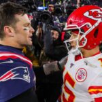 New England Patriots quarterback Tom Brady (12) and Kansas City Chiefs quarterback Patrick Mahomes (15) after the game at Gillette Stadium.
