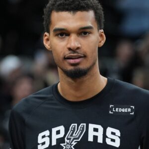 Dec 31, 2025; San Antonio, Texas, USA; San Antonio Spurs forward Victor Wembanyama (1) after the game against the New York Knicks at Frost Bank Center.