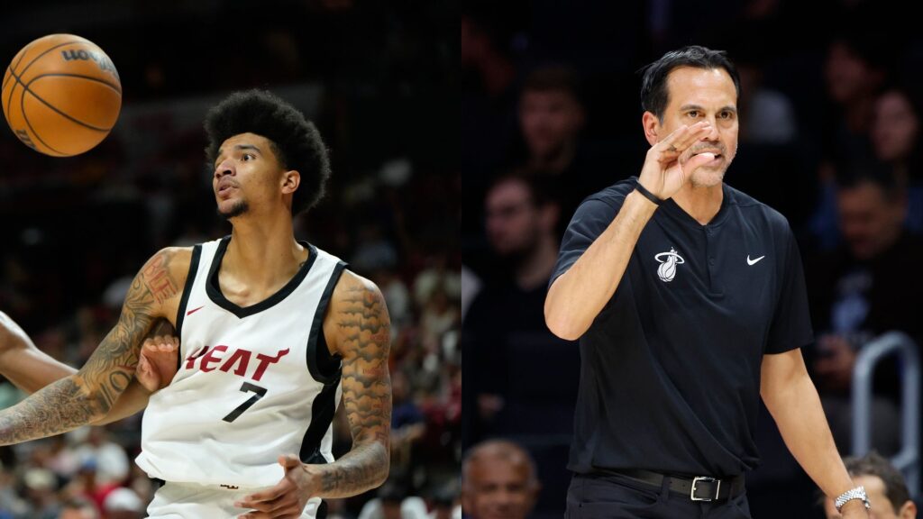 Jan 15, 2026; Miami, Florida, USA; Miami Heat head coach Erik Spoelstra reacts against the Boston Celtics during the second half at Kaseya Center